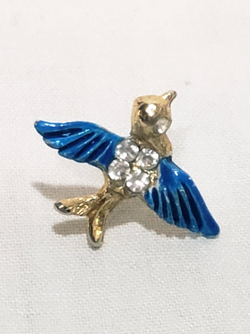 Blue Bird of Happiness Rhinestone Enamel 3/4" Lapel Pin Gold tone